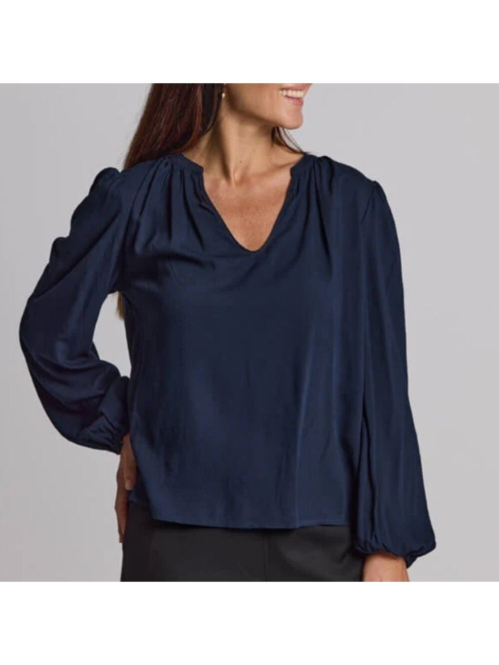 Ramy Brook Womens Navy Ruched Sleeve
V-Neckline Silky Blouse Sz XS
